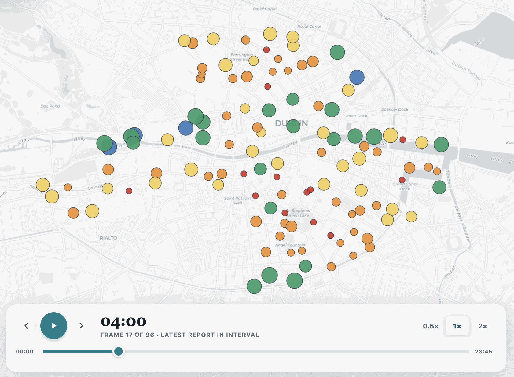 Animated map showing bike availability changing across Dublin Bikes stations throughout the day