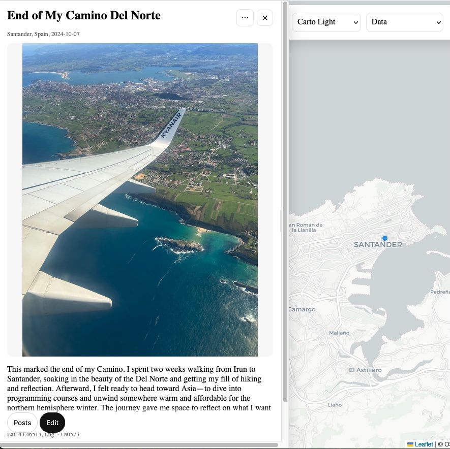 Screenshot of Map Blog interface with map and post panel