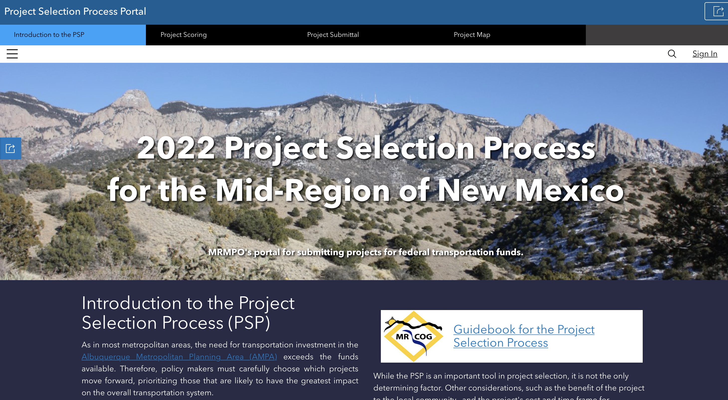 screenshot of the Project Selection Process web portal