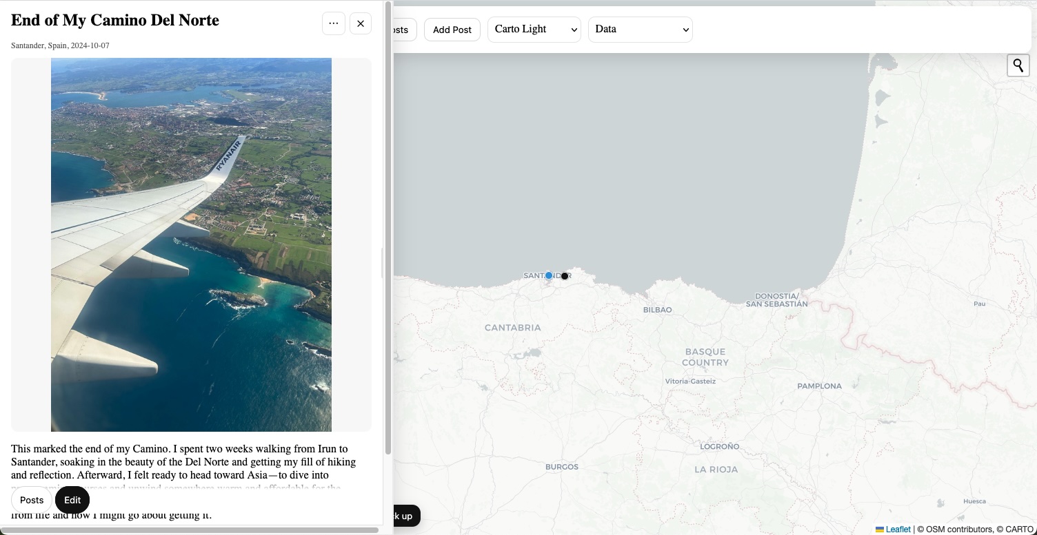 Map Blog interface with pins on a world map and a post panel